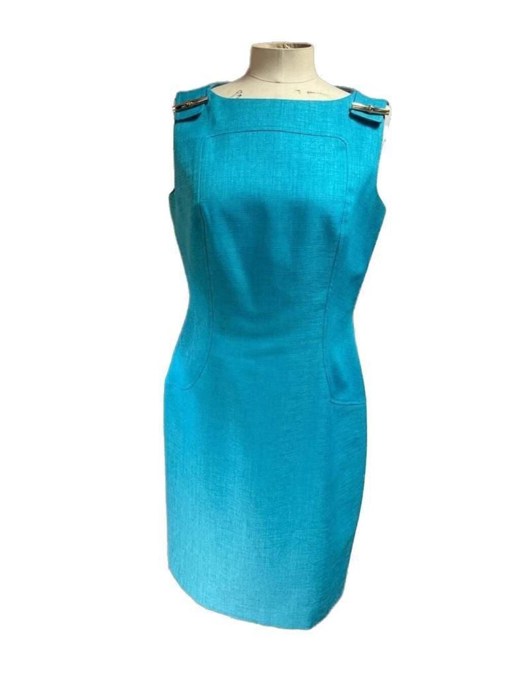 David Meister Turquoise Sleeveless Sheath Dress with Gold Shoulder Buckles